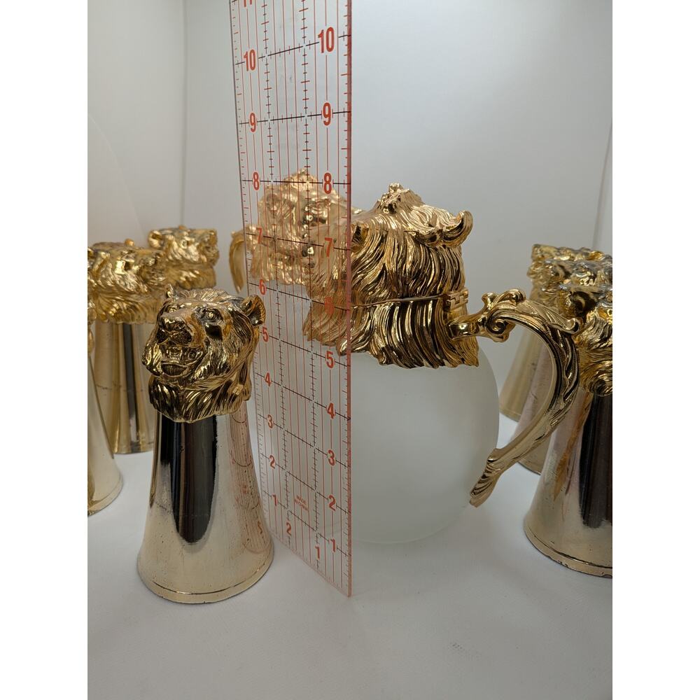 Carole Stupell Gold Lion Head Pitcher & 7 Stirrup Cups – Mid-Century Bar Set - Picture 16 of 16